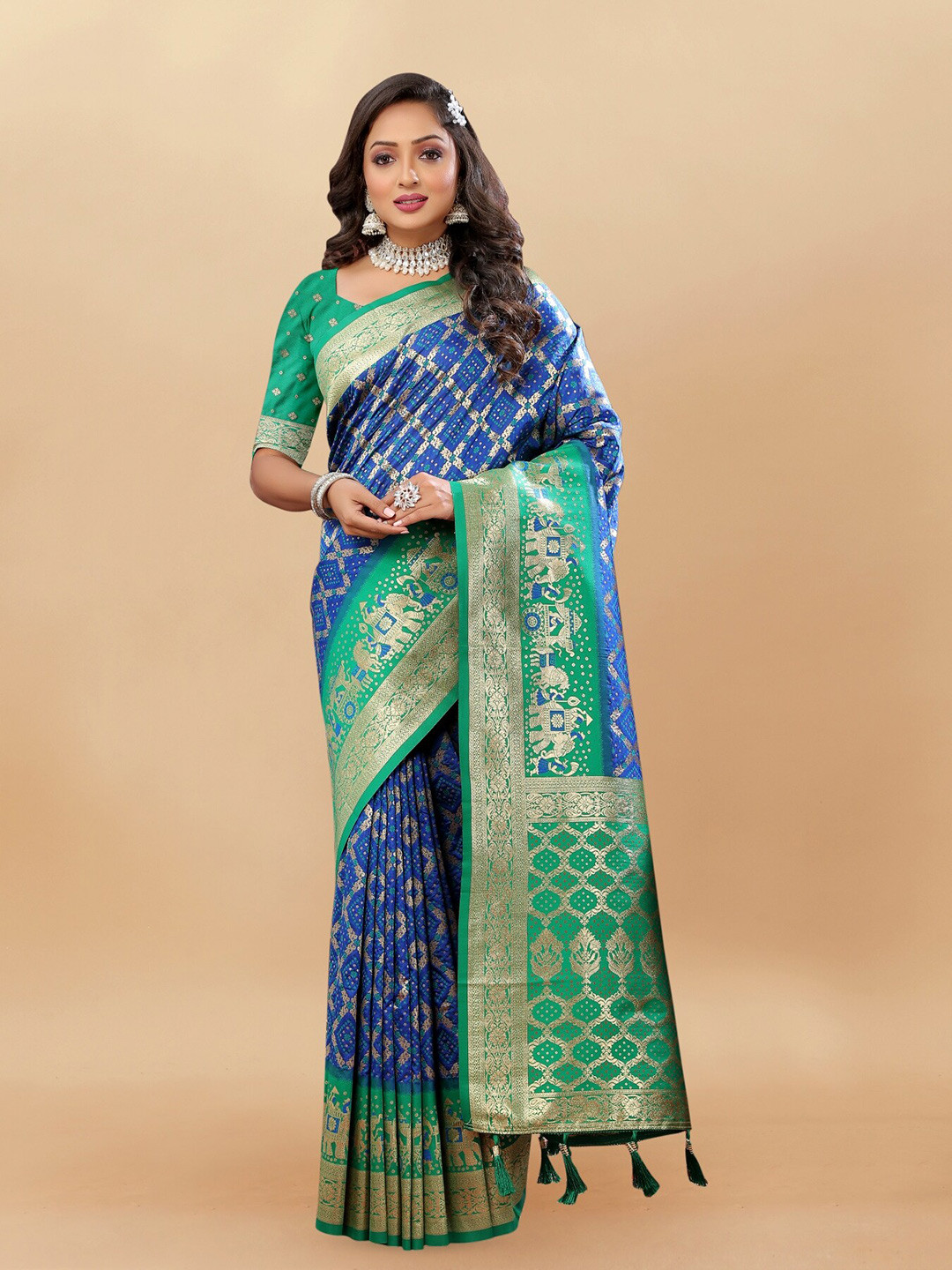 

Anouk Ethnic Motifs Woven Design Zari Pure Silk Patola Saree, Blue