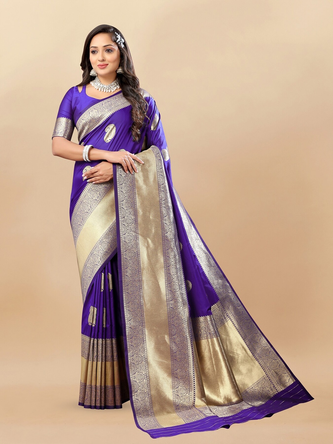 Anouk Ethnic Motifs Woven Design Zari Pure Silk Saree, Violet