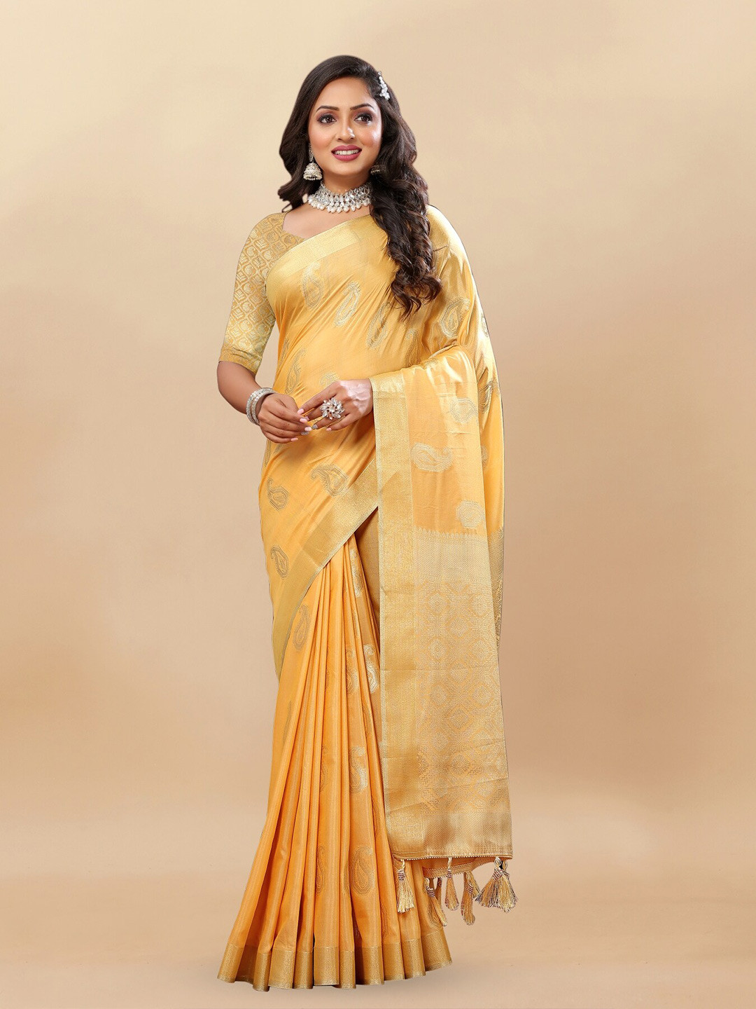 

Anouk Yellow & Gold Toned Woven Design Zari Pure Cotton Tussar Saree