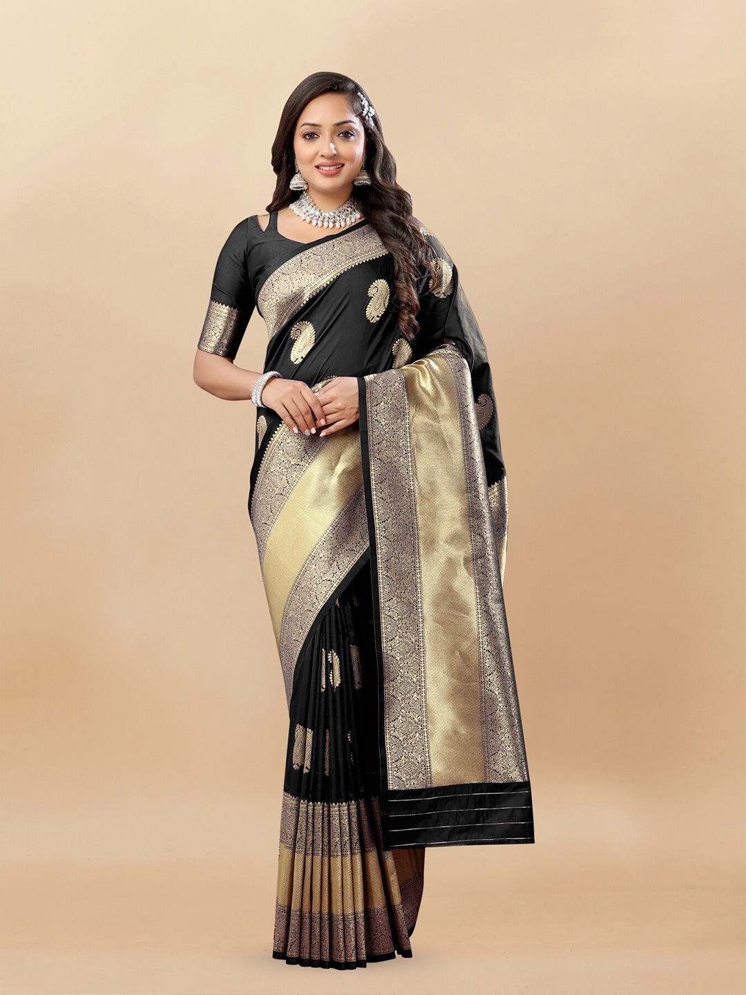 

Anouk Paisley Woven Design Zari Pure Silk Saree, Black