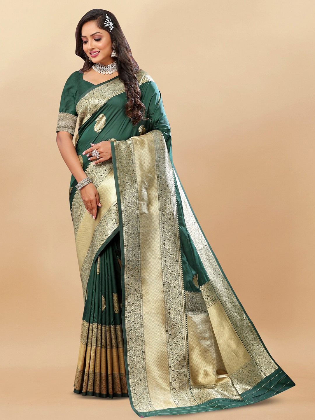 

Anouk Green & Gold Toned Woven Design Zari Pure Silk Saree