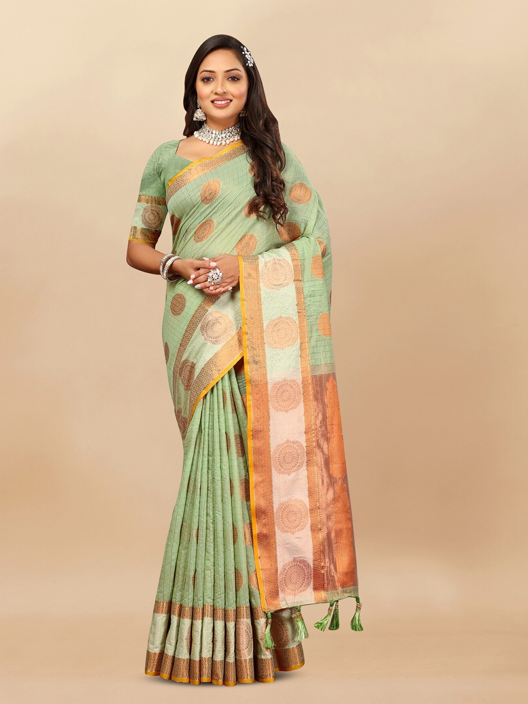 

Anouk Ethnic Motifs Woven Design Zari Pure Cotton Tussar Saree, Green