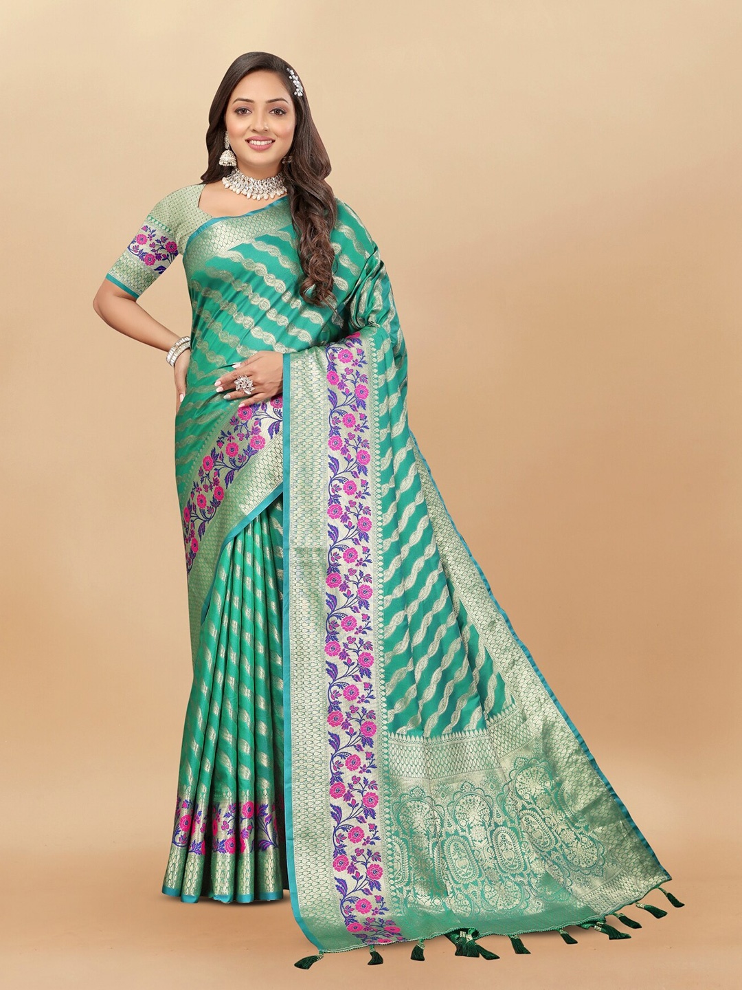 

Anouk Ethnic Motifs Woven Design Zari Pure Silk Leheriya Saree, Green