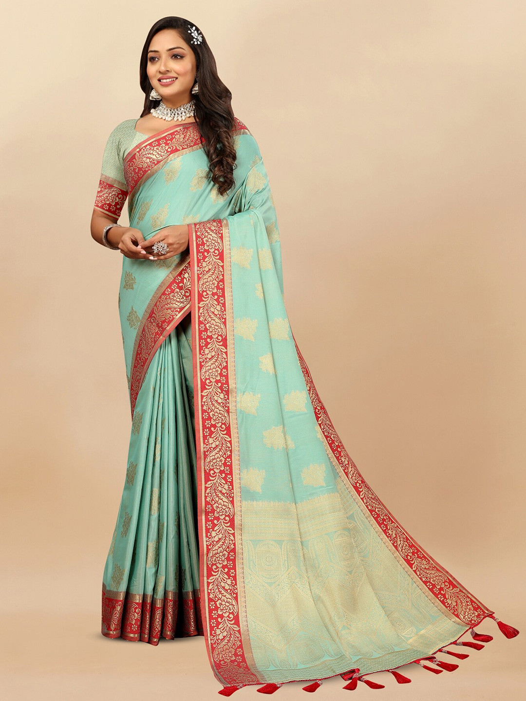 

Anouk Floral Woven Design Zari Pure Cotton Tussar Saree, Sea green