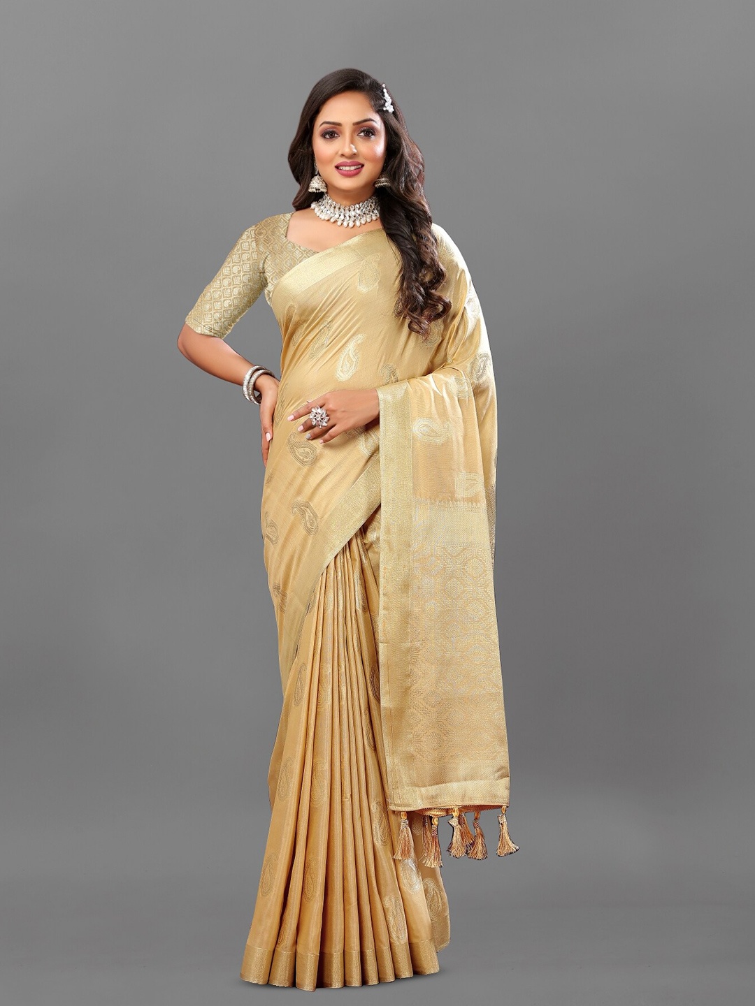 

Anouk Ethnic Motifs Woven Design Zari Pure Cotton Tussar Saree, Beige