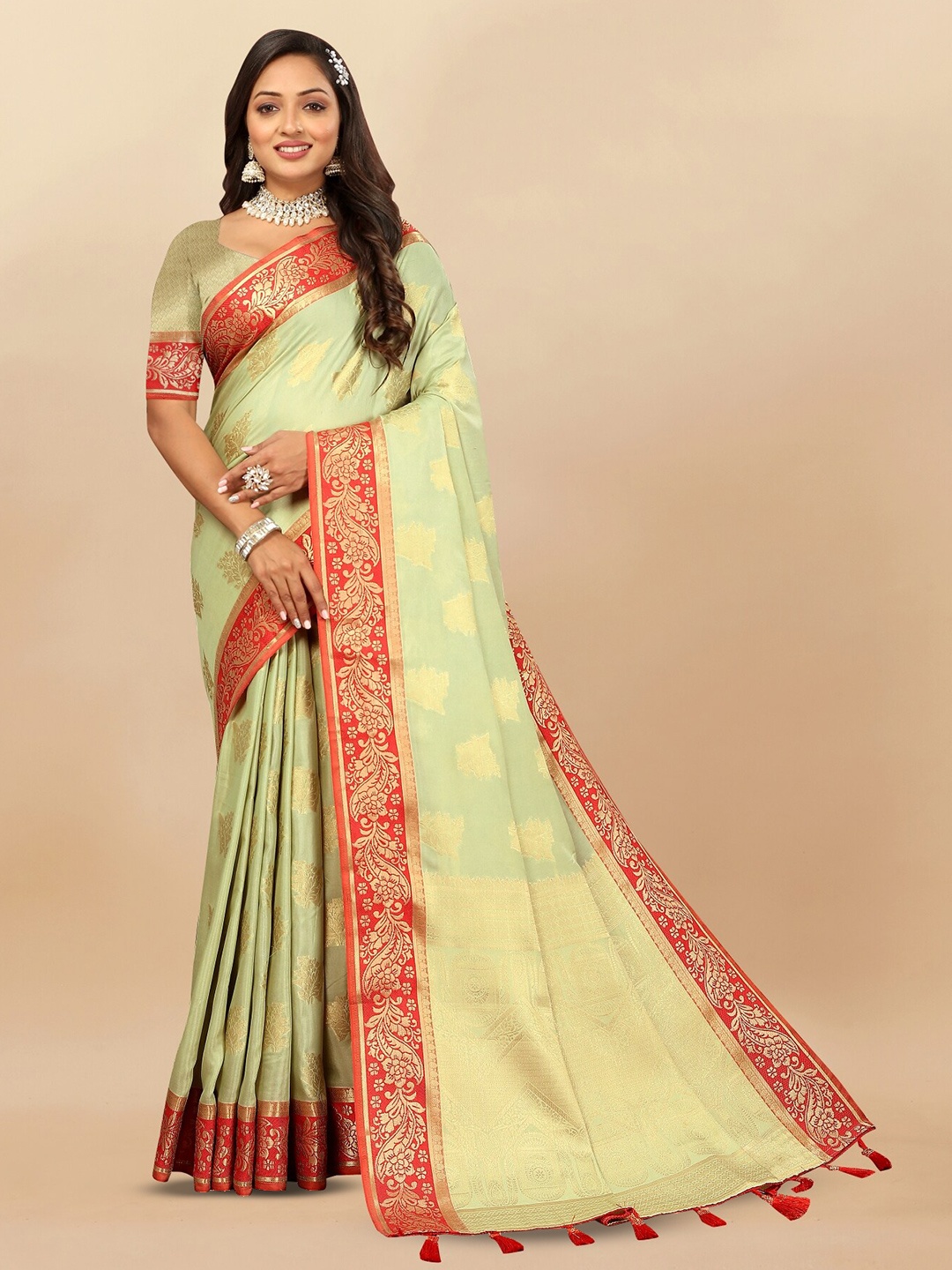 

Anouk Green Ethnic Motifs Woven Design Zari Pure Cotton Tussar Saree