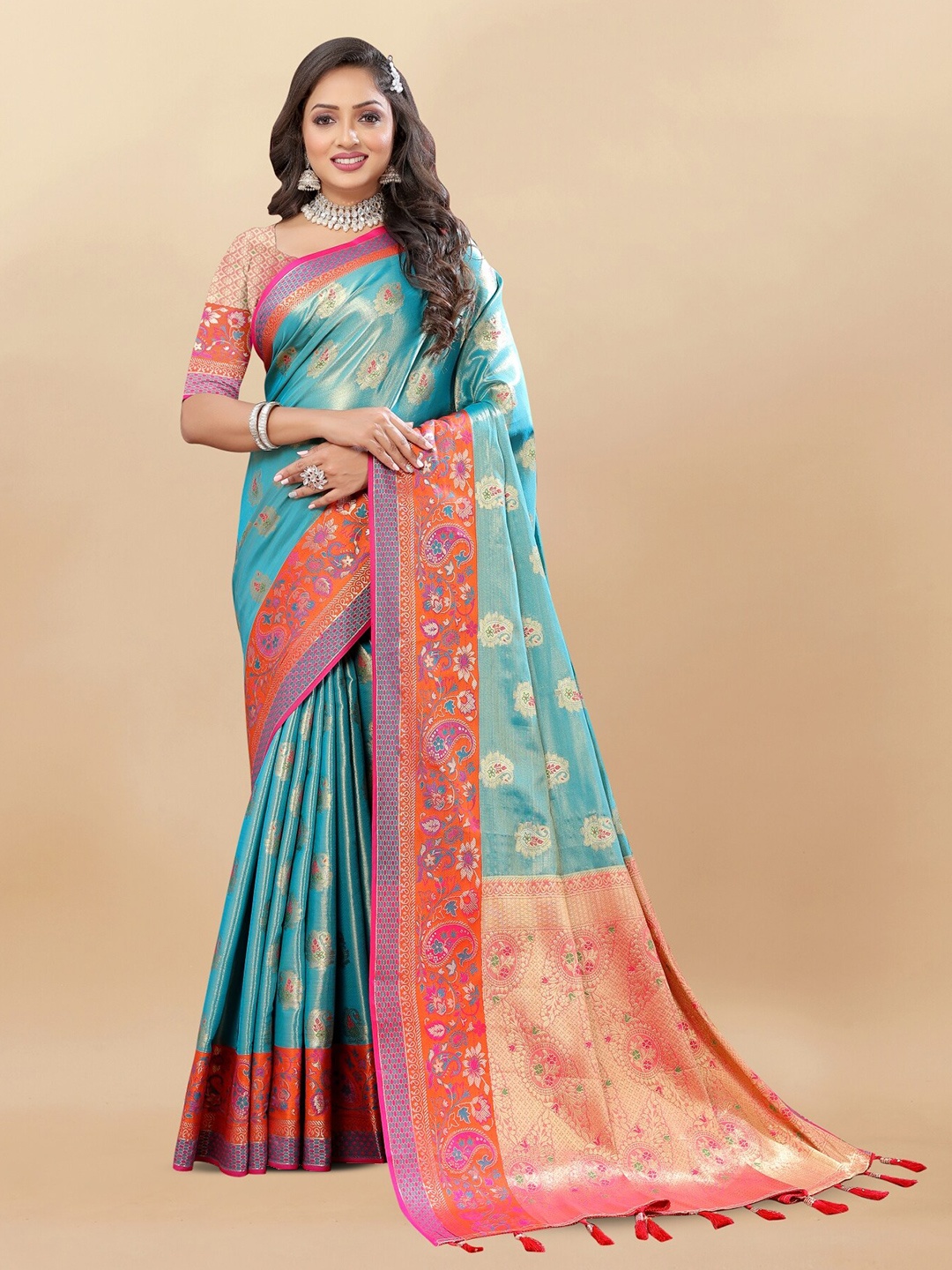 

Anouk Woven Design Zari Pure Silk Kanjeevaram Saree, Turquoise blue