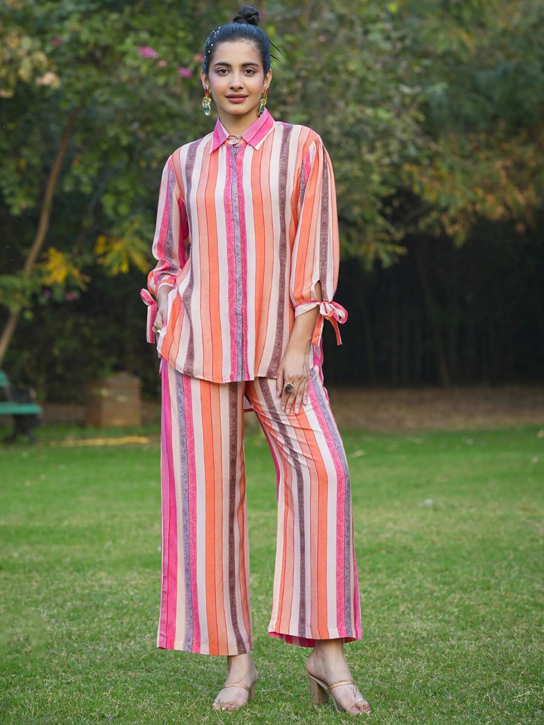 

ODETTE Striped Shirt Collar Linen Co-Ords, Pink