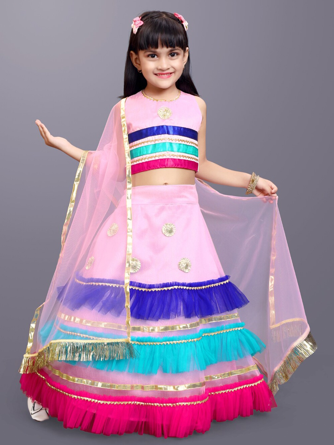 

BAESD Girls Embellished Ready to Wear Lehenga & Blouse With Dupatta, Pink