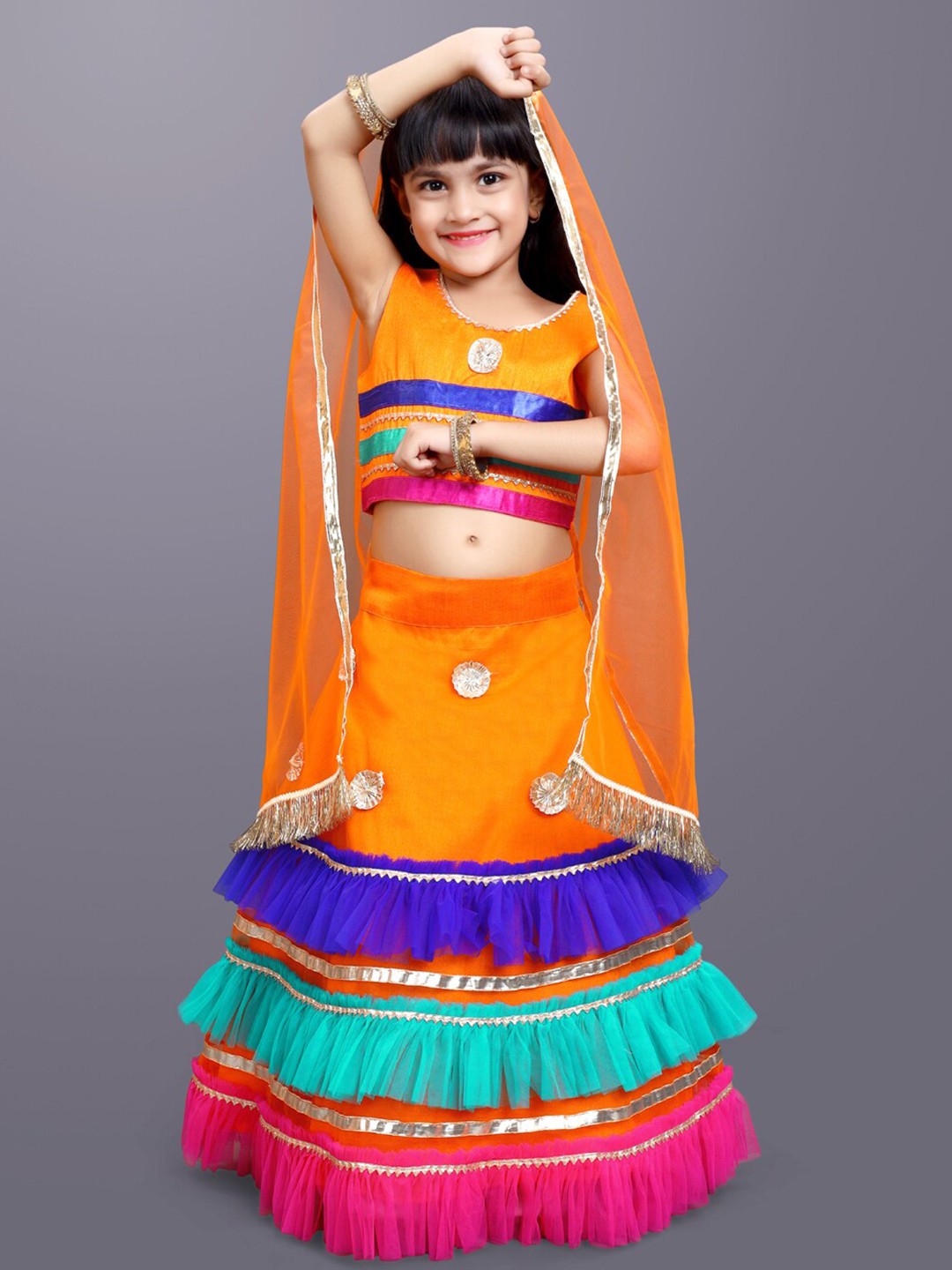 

BAESD Girls Embellished Ready to Wear Lehenga & Blouse With Dupatta, Orange
