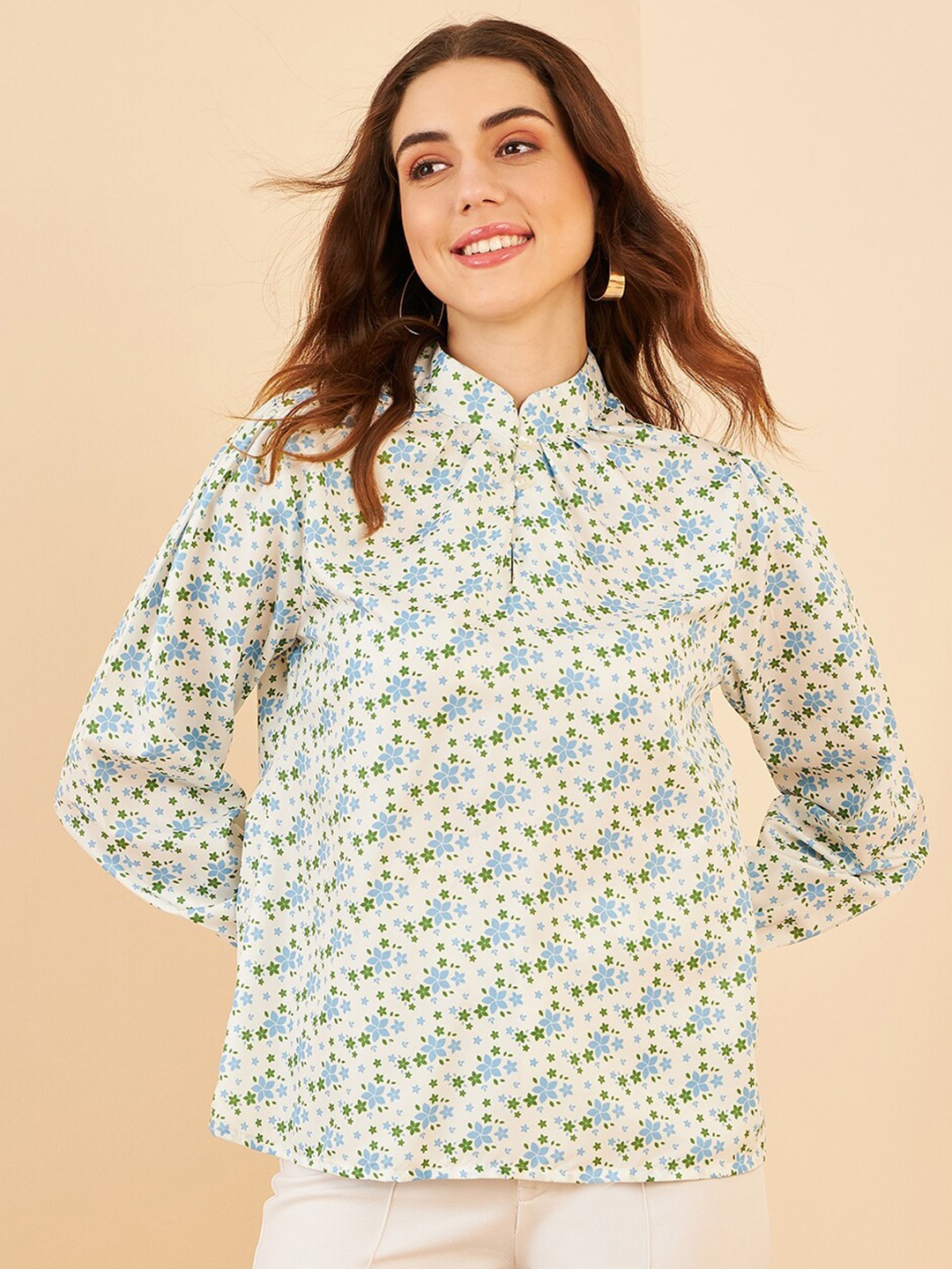 

Marie Claire Beige & Blue Floral Printed Mandarin Collar Shirt Style Top