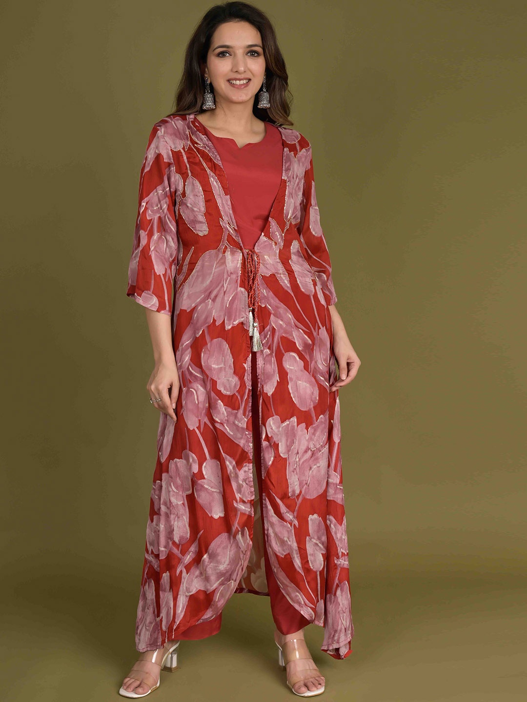 

Do Dhaage Floral Printed Top & Palazzo With Shrug, Red