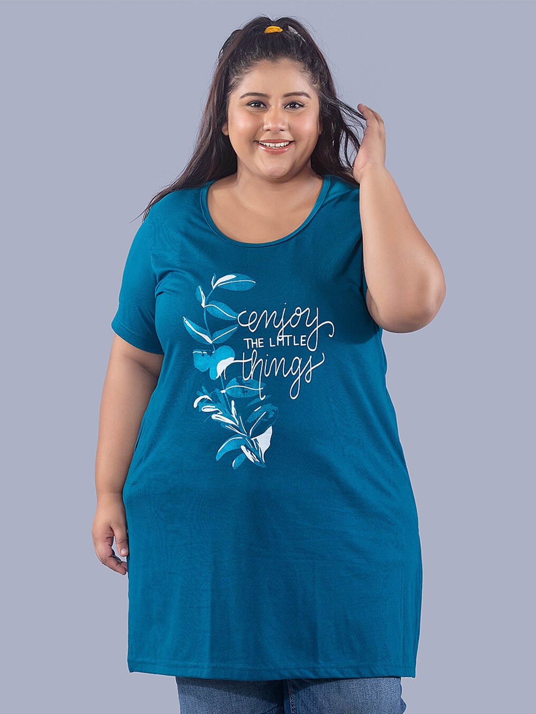 

CUPID Plus Size Typography Printed Round Neck Cotton Longline Top, Teal