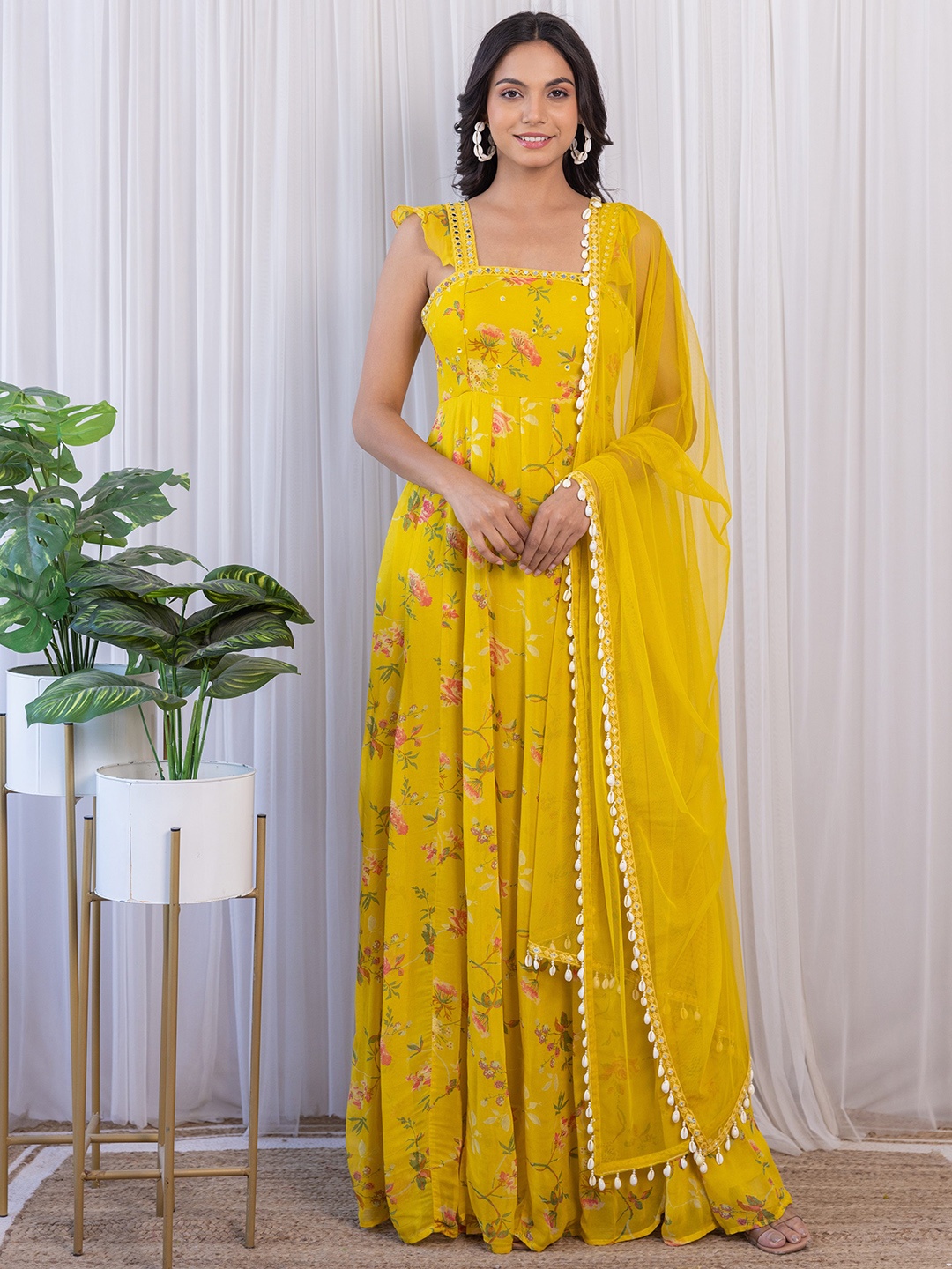 

LABEL KANUPRIYA Floral Printed Flared Mirror Work Pleated Georgette Anarkali Kurta, Mustard