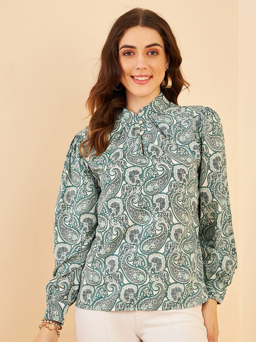 

Carlton London Floral Printed Cuffed Sleeves Mandarin Collar Shirt Style Top, Green