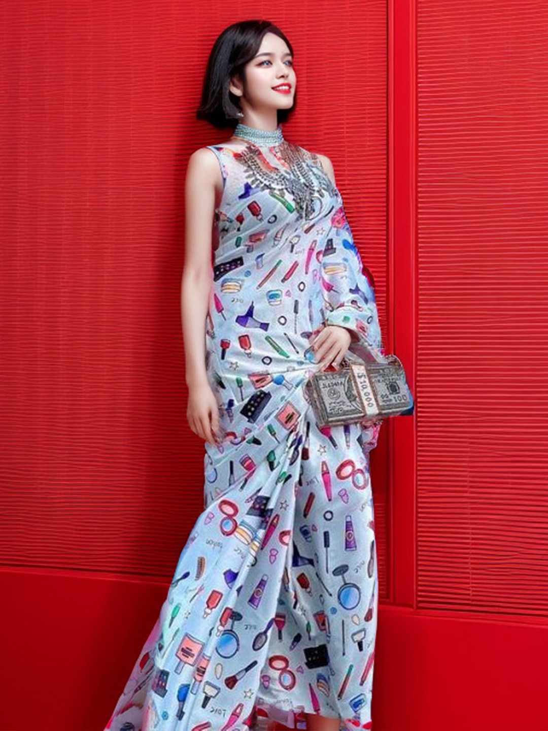 KALINI Floral Printed Satin Saree, White