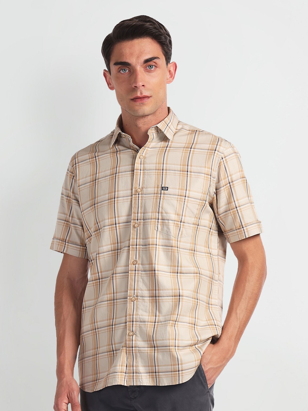 

Arrow Sport Opaque Checked Cotton Casual Twill Shirt, Beige