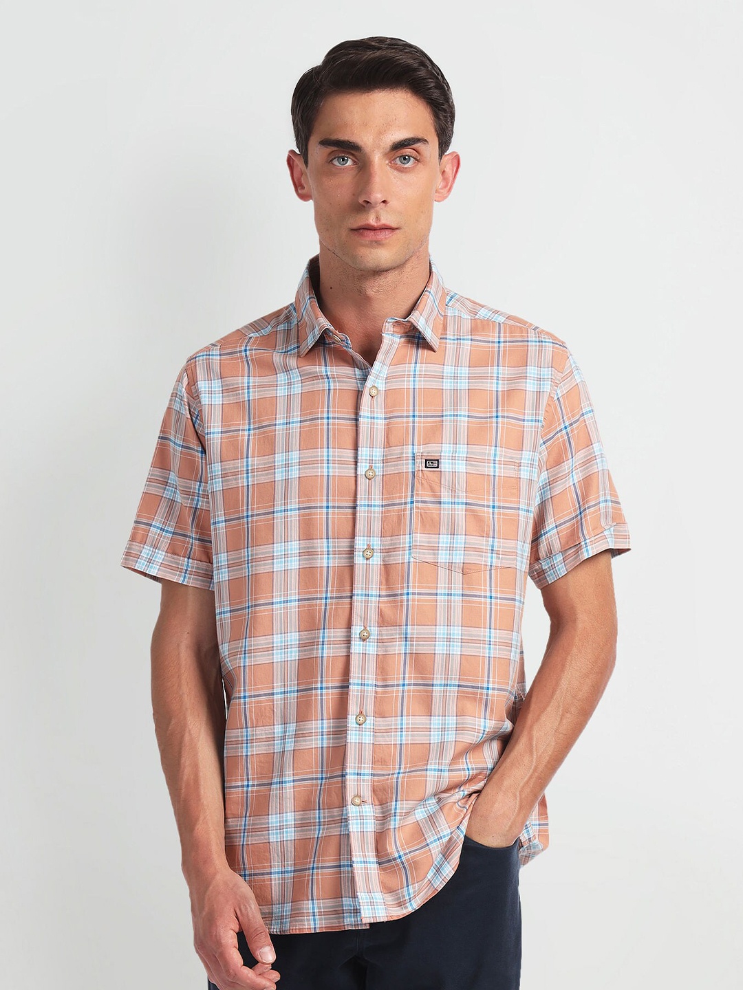 

Arrow Sport Checked Spread Collar Short Sleeves Cotton Casual Shirt, Orange