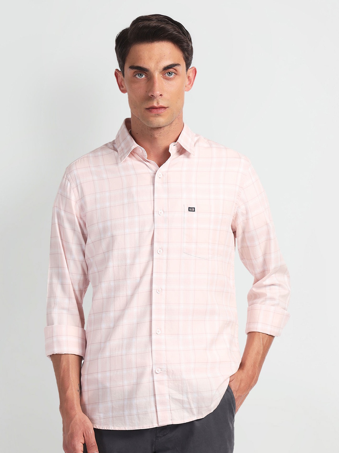 

Arrow Sport Slim Fit Checked Spread Collar Long Sleeves Cotton Casual Shirt, Pink
