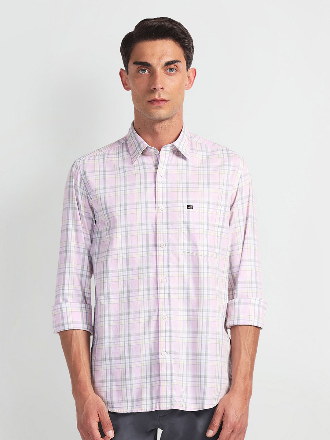 

Arrow Sport Slim Fit Checked Spread Collar Long Sleeves Cotton Casual Shirt, Pink