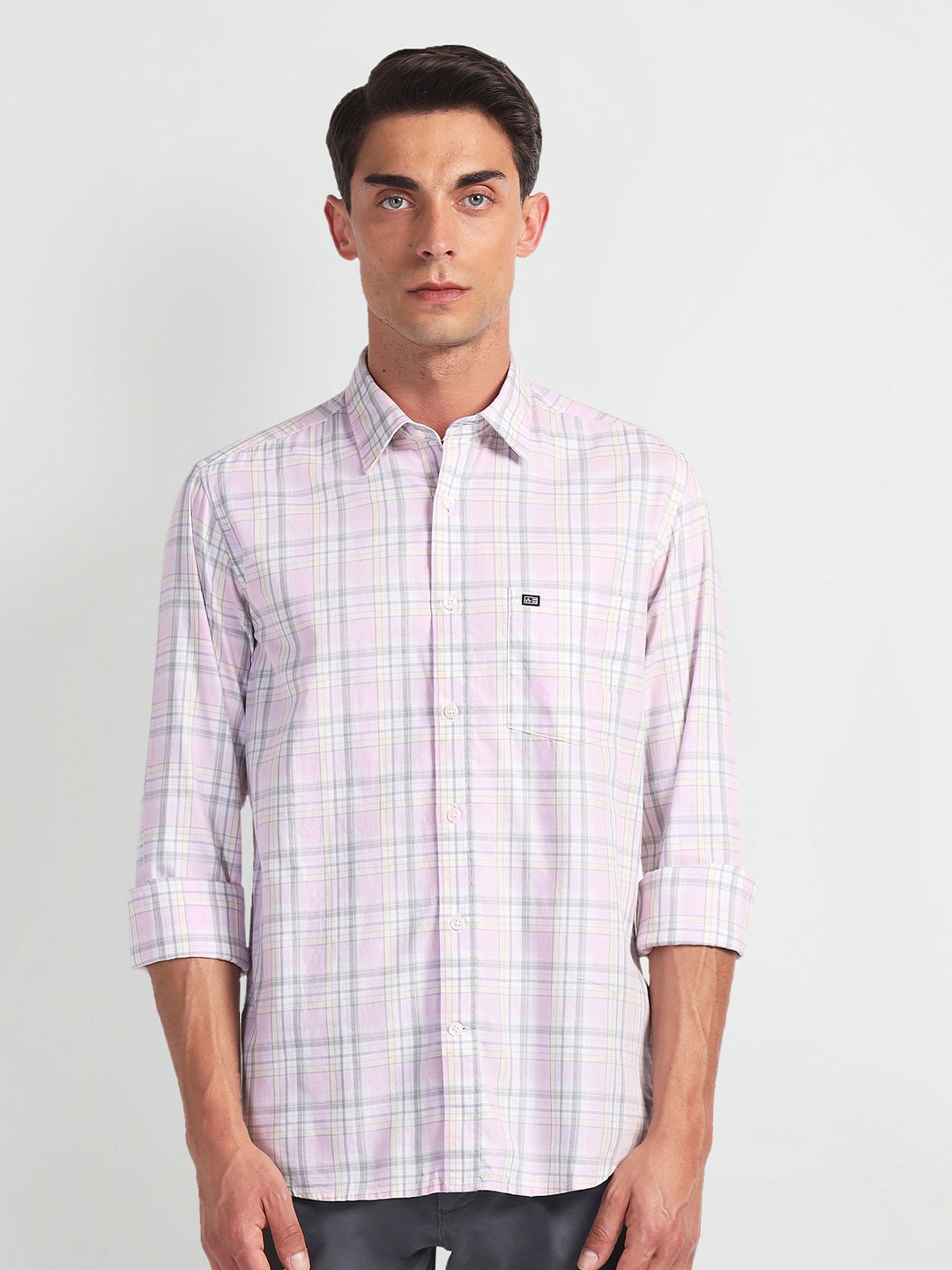 

Arrow Sport Slim Fit Checked Spread Collar Long Sleeves Cotton Casual Shirt, Pink