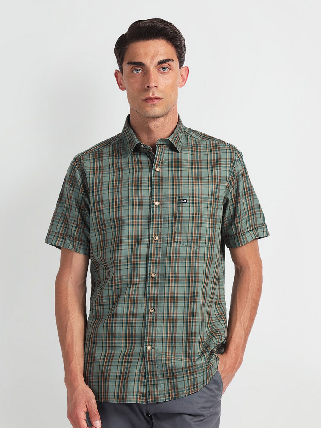 

Arrow Sport Checked Spread Collar Short Sleeves Pure Cotton Casual Shirt, Green