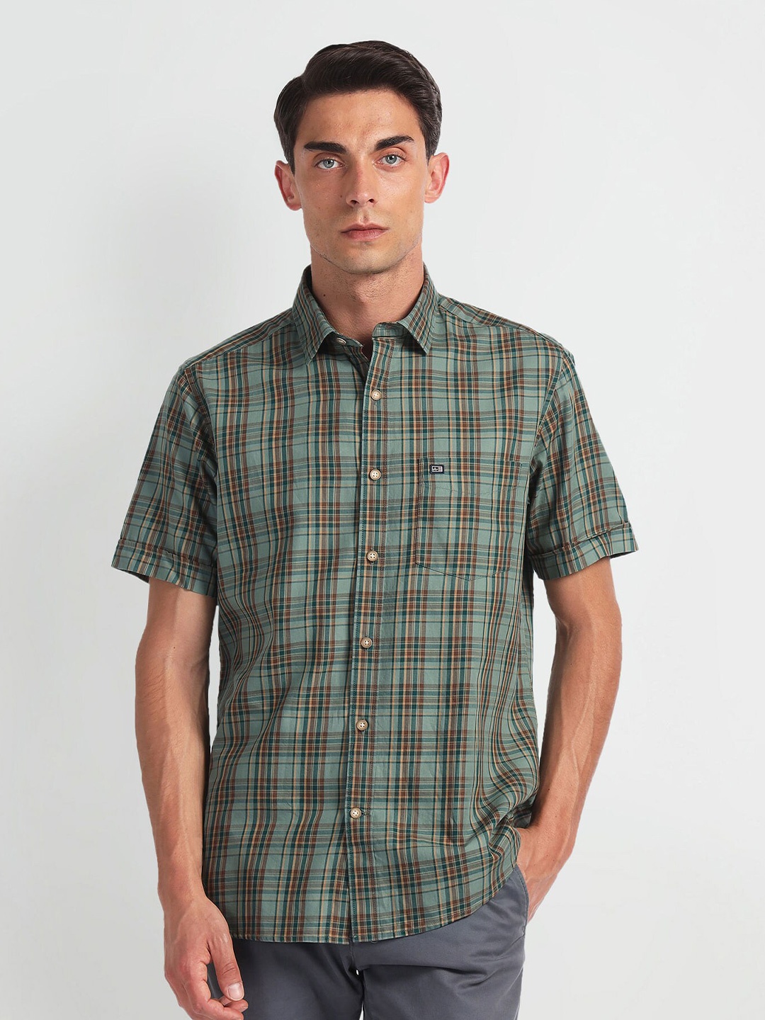 

Arrow Sport Checked Spread Collar Short Sleeves Pure Cotton Casual Shirt, Green