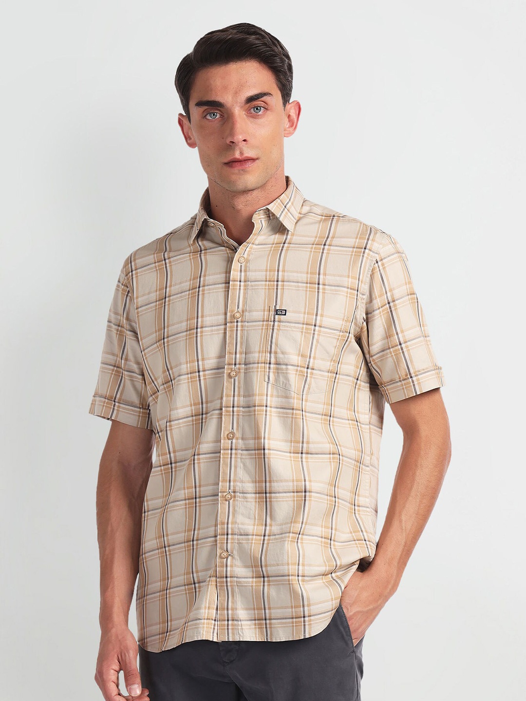 

Arrow Sport Tartan Checked Twill Weave Cotton Casual Shirt, Beige
