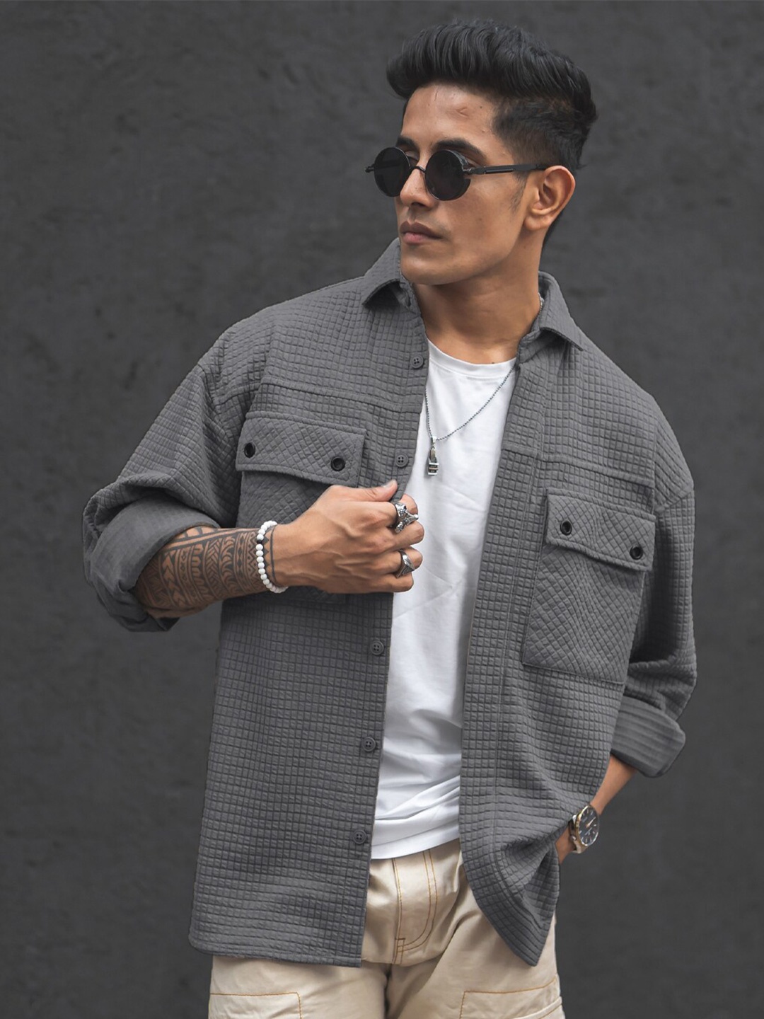 

Powerlook India Slim Oversized Textured Self Design Spread Collar Knitted Casual Shirt, Grey