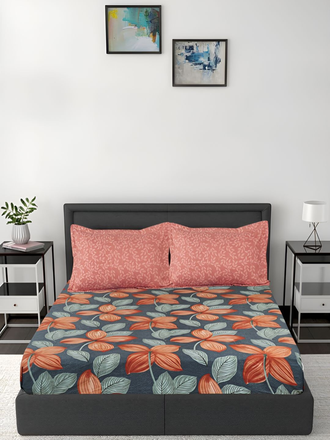 

GAPU & BALY Blue & Brown Floral Fitted 140 TC King Bedsheet With 2 Pillow Covers