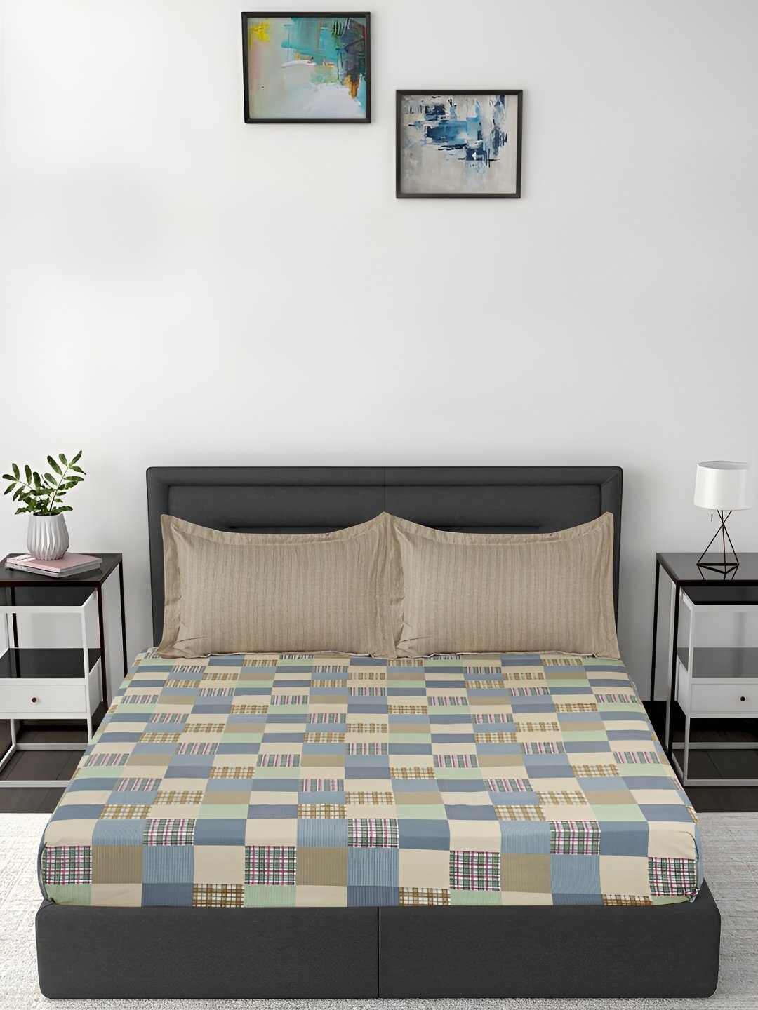 

GAPU & BALY Beige & Blue Checked Printed Fitted 140 TC King Bedsheet With 2 Pillow Covers