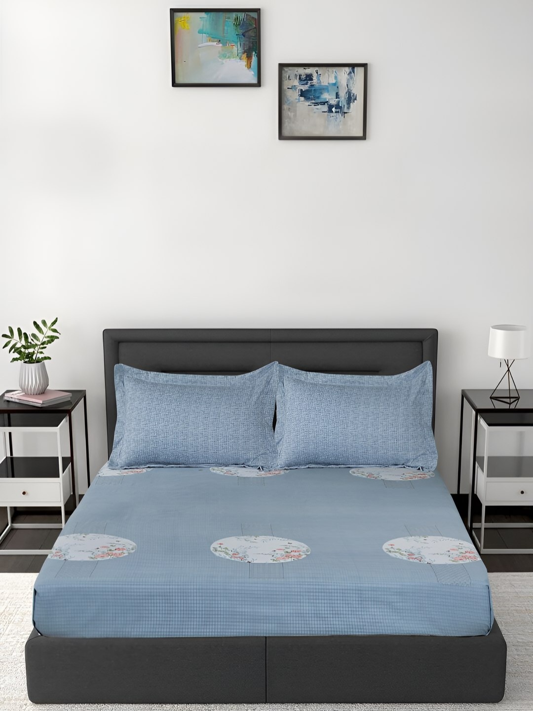 

GAPU & BALY Blue & Pink Floral Fitted 140 TC King Bedsheet With 2 Pillow Covers