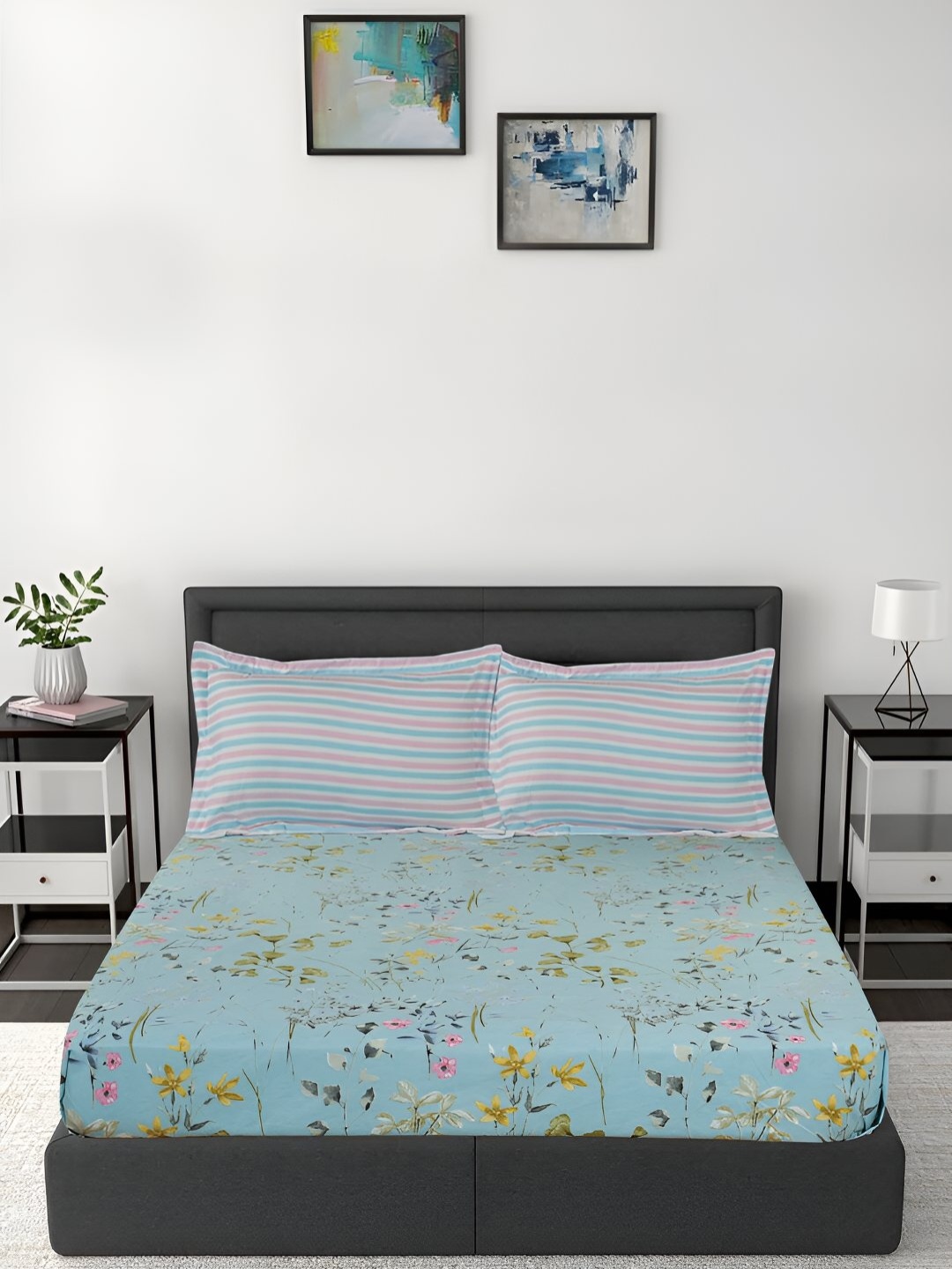 

GAPU & BALY Blue & Yellow Floral Printed Fitted 140 TC King Bedsheet With 2 Pillow Covers