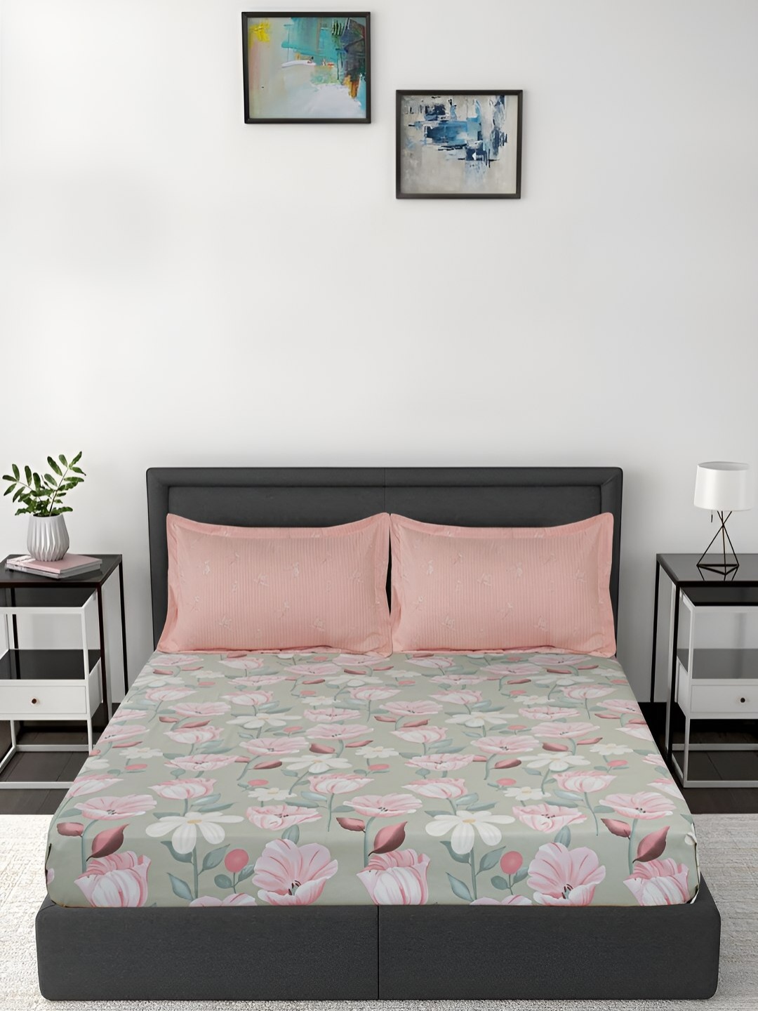 

GAPU & BALY Pink & Green Floral Printed Fitted 140 TC King Bedsheet With 2 Pillow Covers