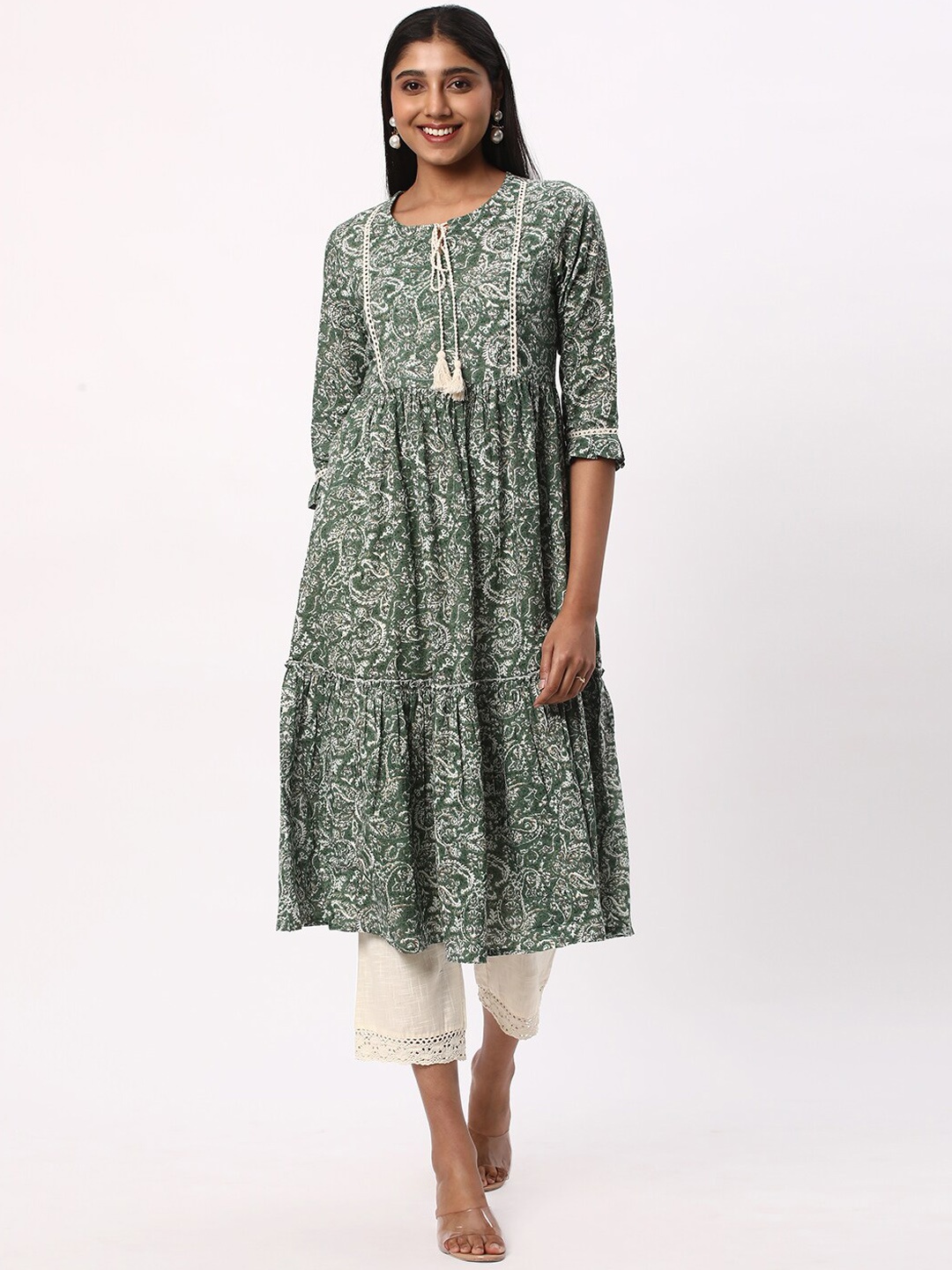 

R&B Ethnic Motifs Printed Tie-up Neck Pure Cotton Anarkali Kurta, Green