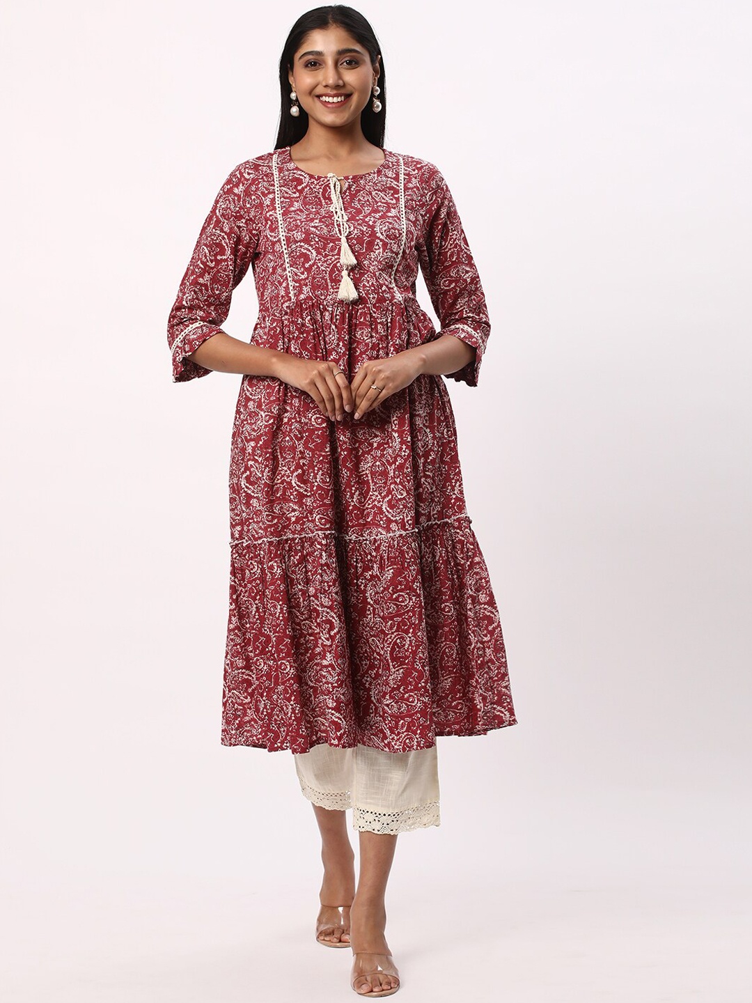 

R&B Ethnic Motifs Printed Tie-Up Neck A-Line Pure Cotton Kurta, Red