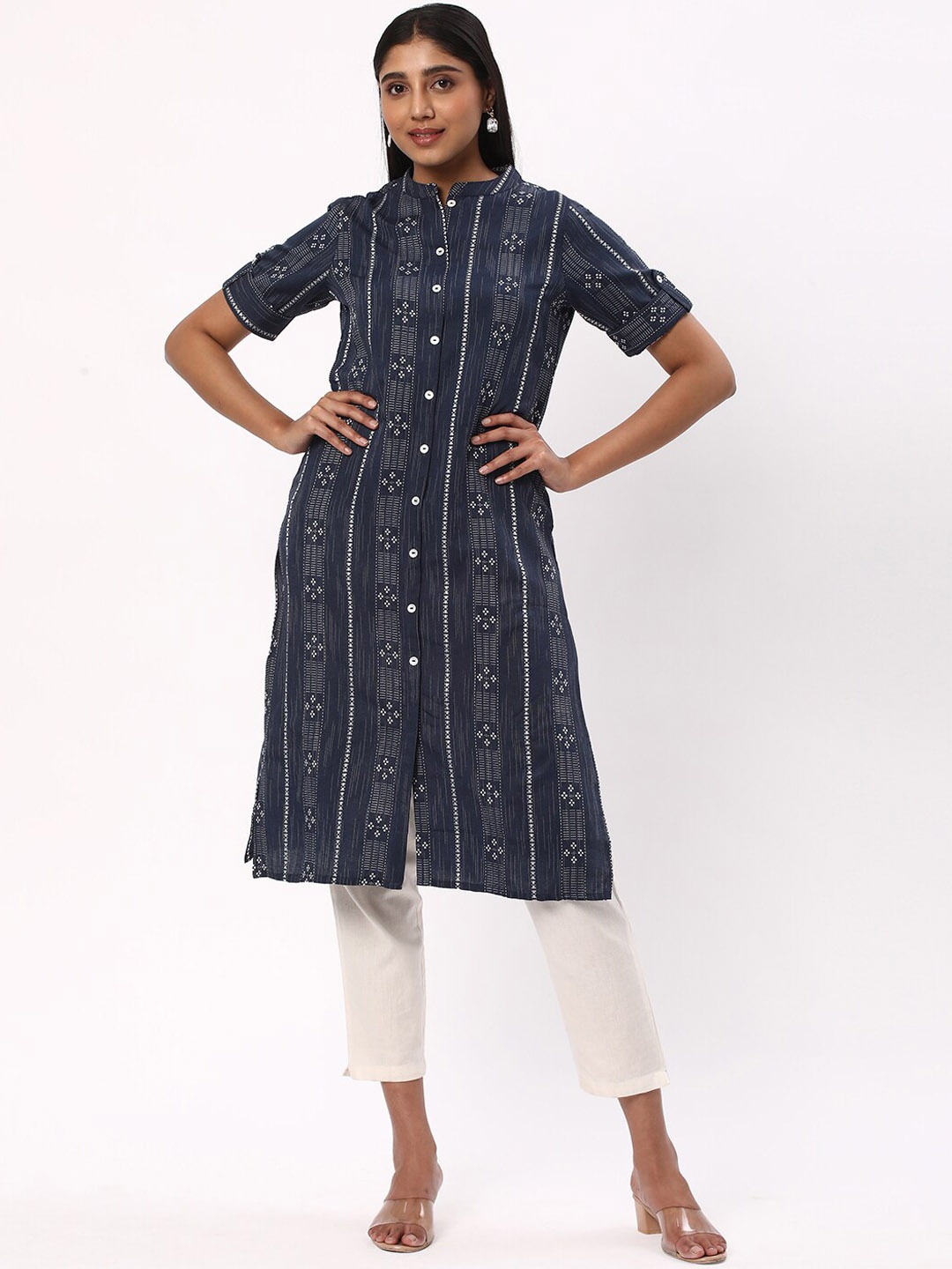 

R&B Geometric Printed Striped Cotton A Line Kurta, Blue