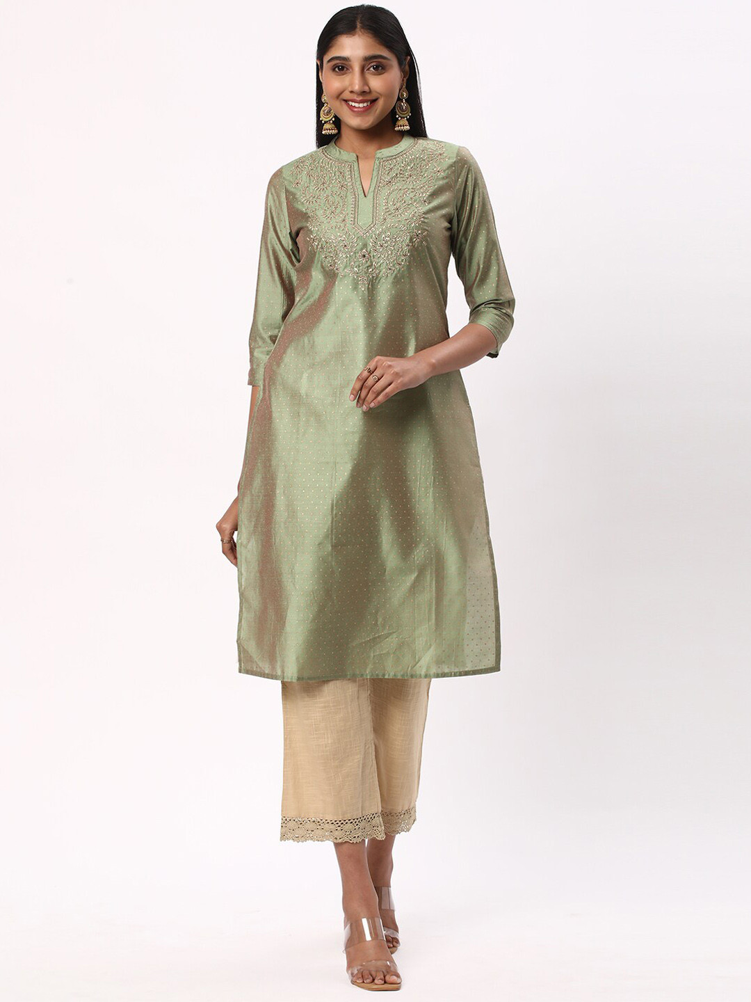 

R&B Floral Yoke Design Mandarin Collar Zari Straight Kurta, Green
