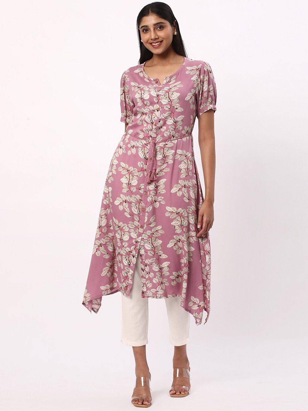 

R&B Floral Printed Tie Up A-Line Asymmetric Kurta, Peach