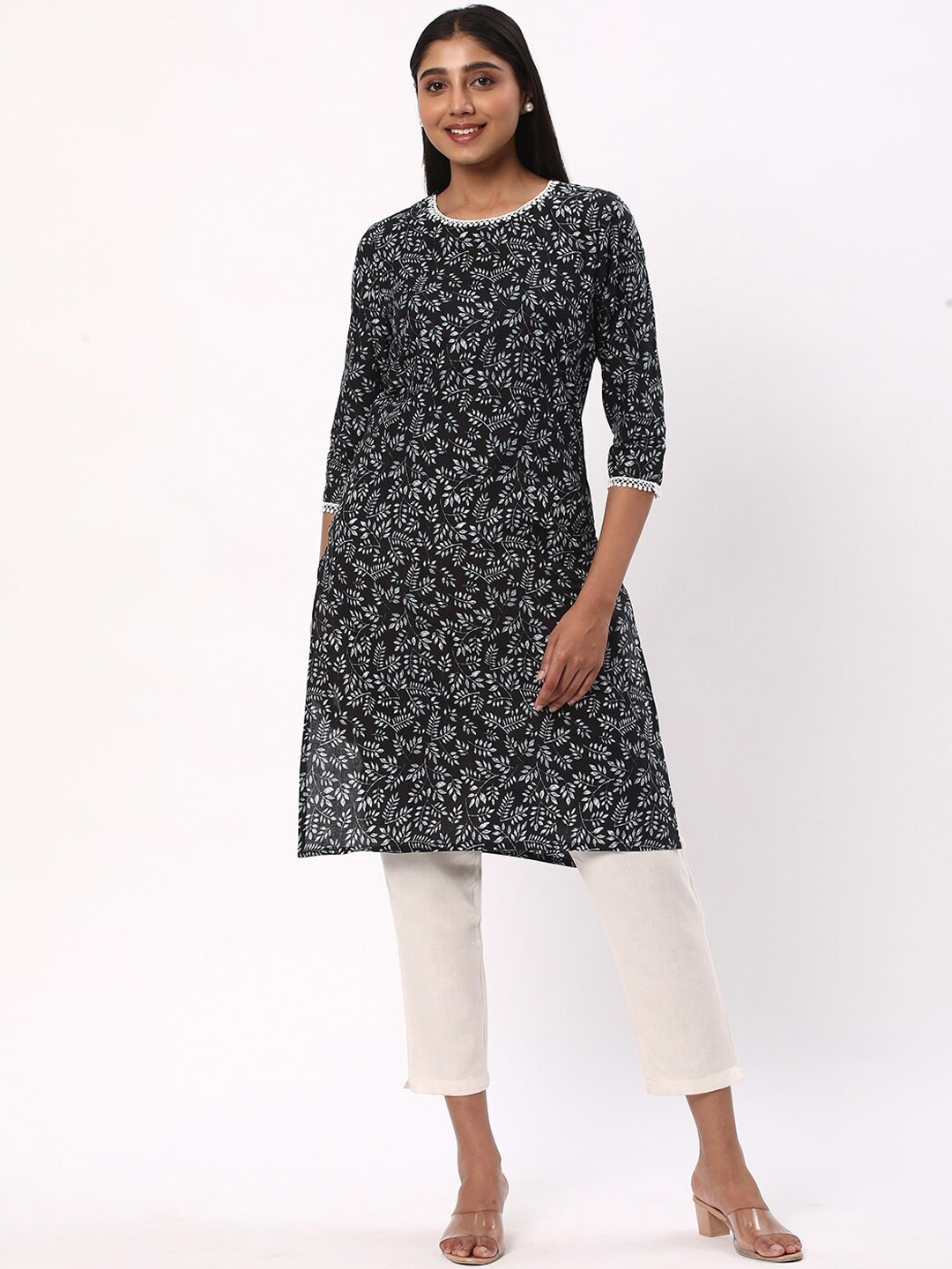 

R&B Floral Printed Lace Tie Up Straight Kurta, Black