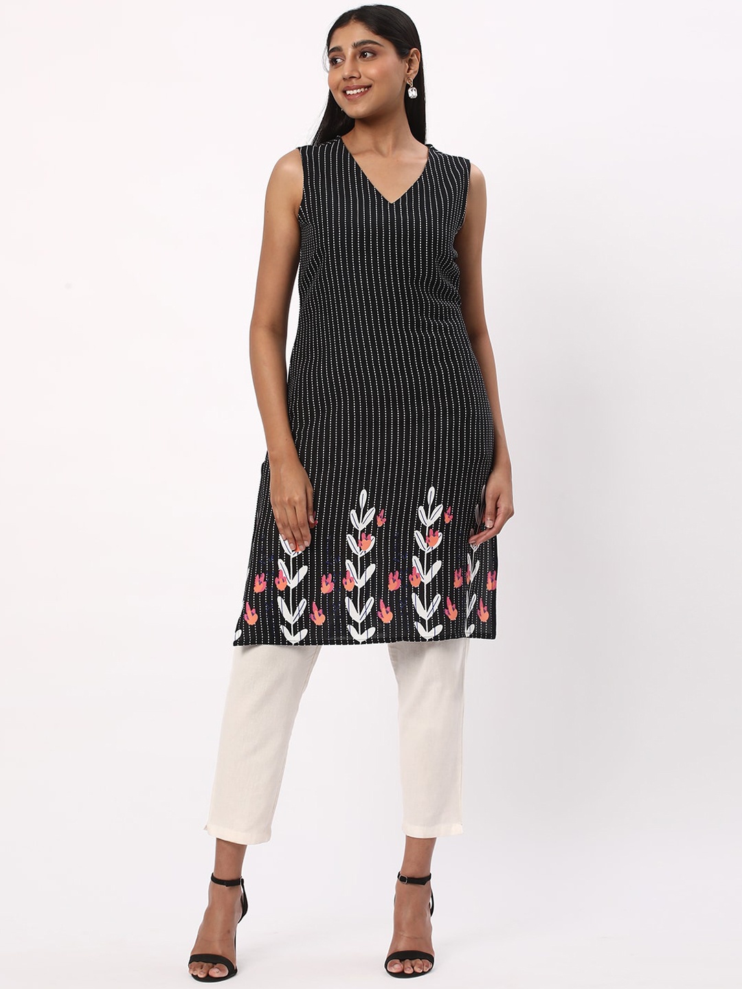 

R&B Striped V-Neck Sleeveless Straight Kurta, Black