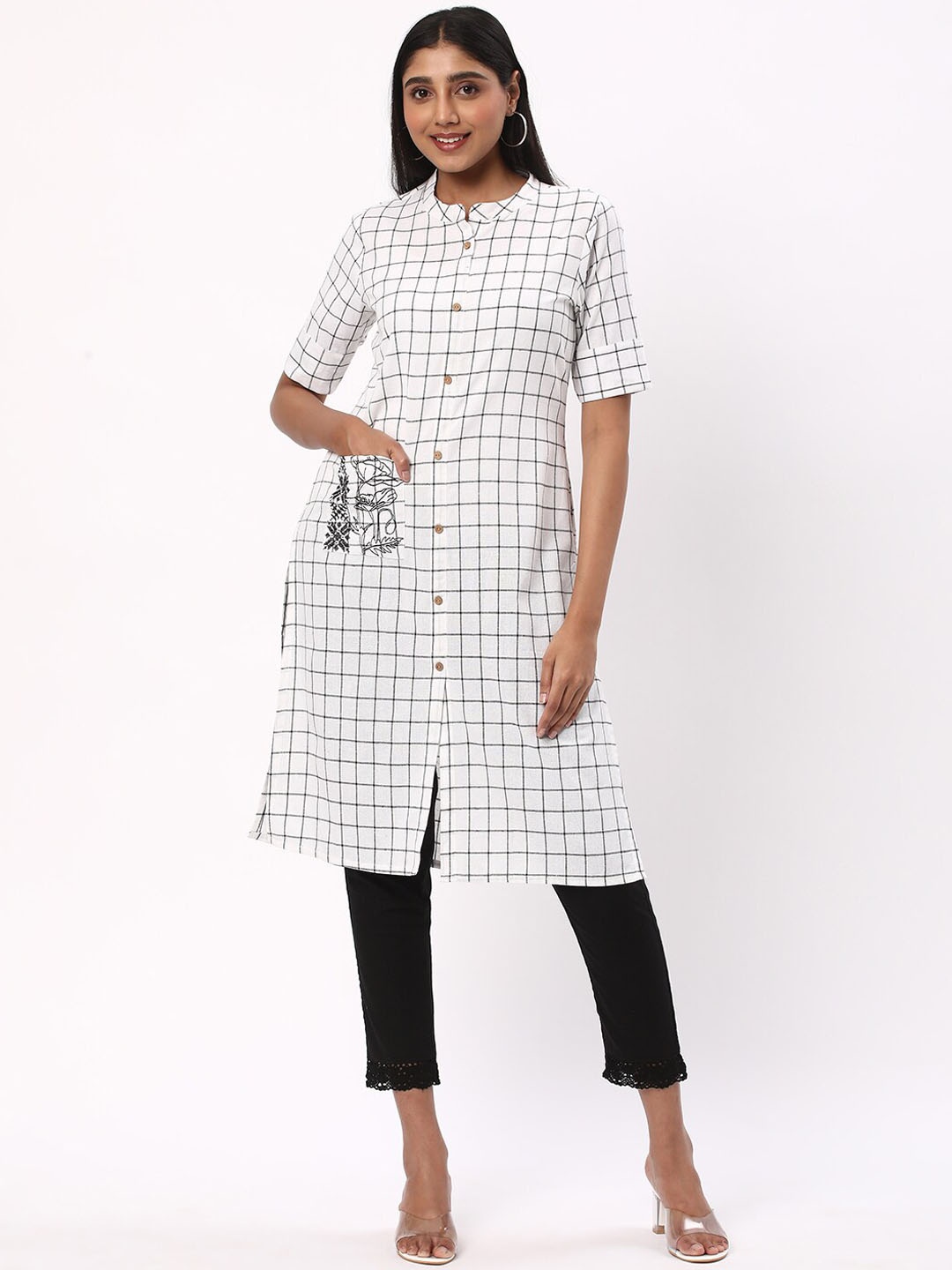 

R&B Checked Thread Work Band Collar Pure Cotton Straight Kurta, White
