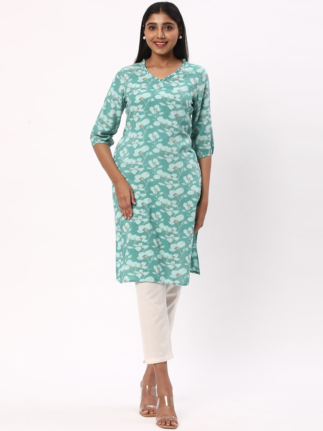 

R&B Floral Printed V-Neck Straight Kurta, Green