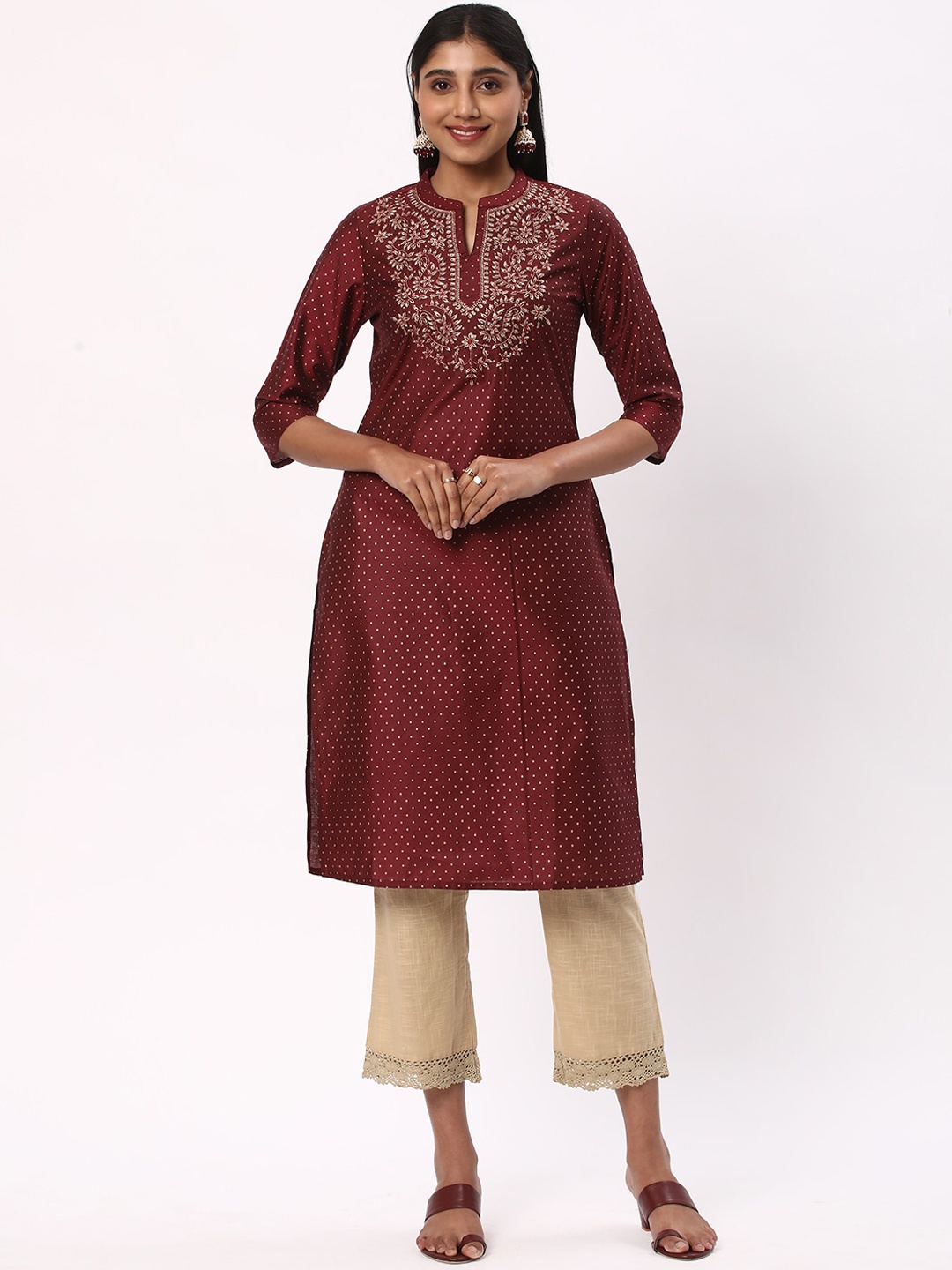 

R&B Women Polka Dot Printed Thread Work A-Line Kurta, Maroon