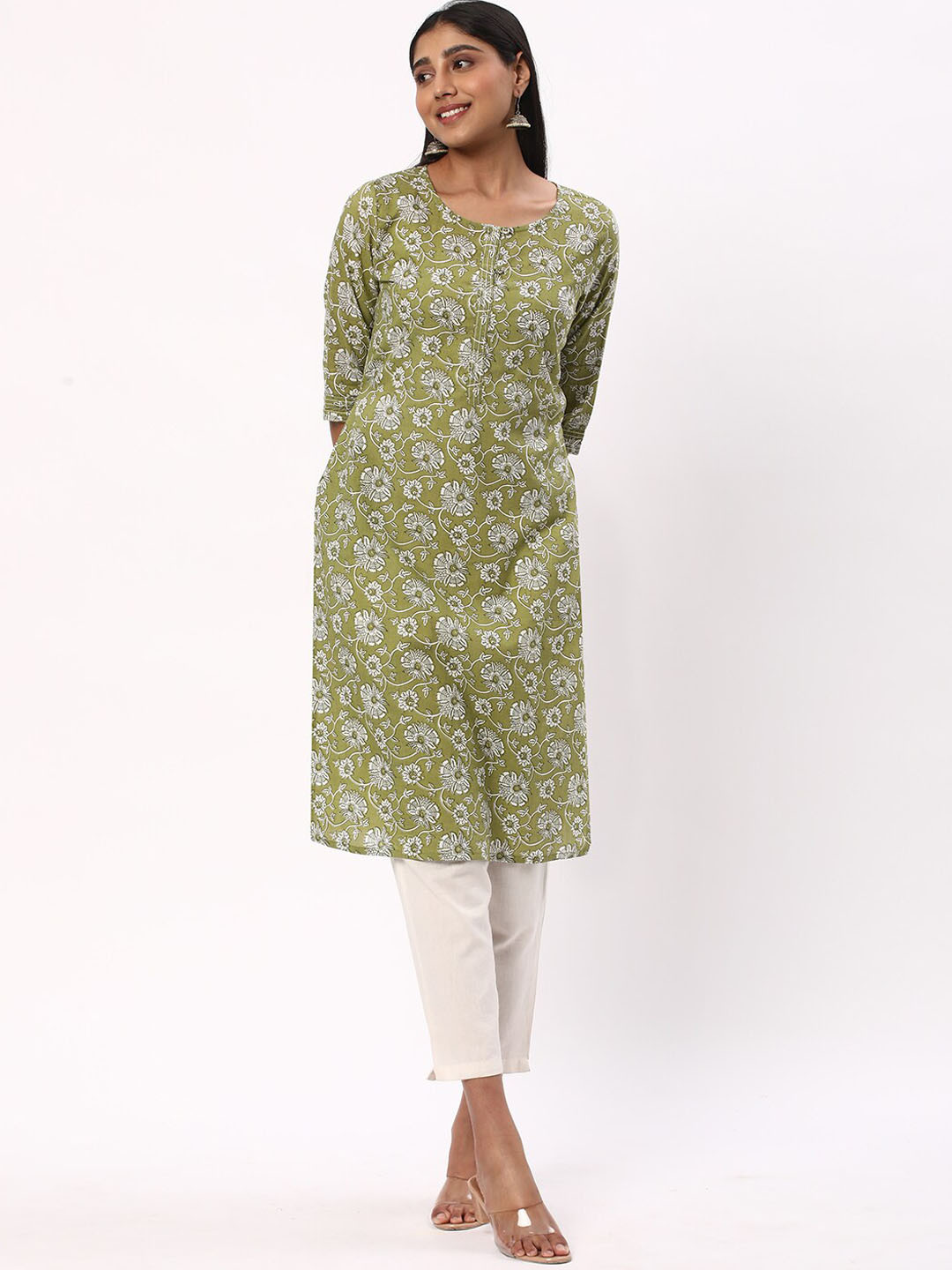 

R&B Floral Printed Pure Cotton Straight Kurta, Green