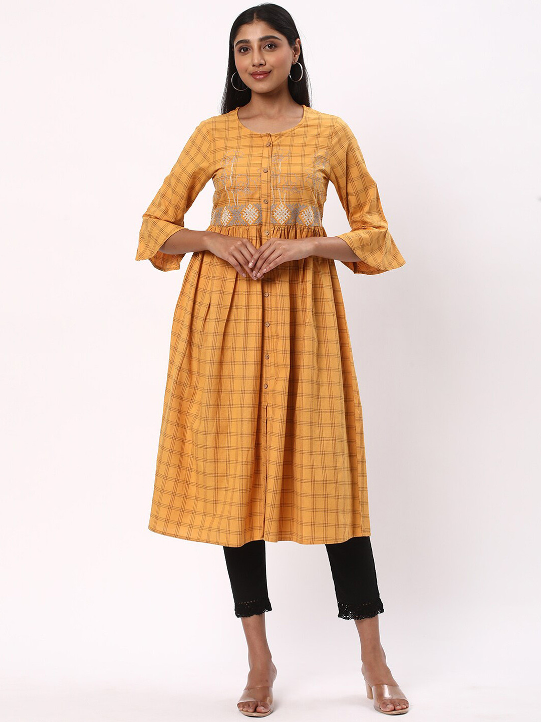 

R&B Checked Bell Sleeves A-Line Cotton Kurta, Yellow