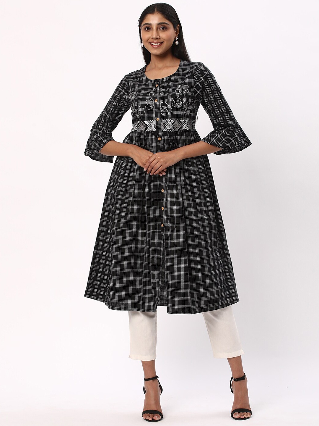 

R&B Checked Thread Work Bell Sleeves Pure Cotton A-Line Kurta, Black