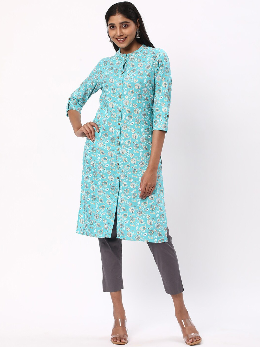 

R&B Floral Printed Mandarin Collar Pure Cotton Straight Kurta, Blue