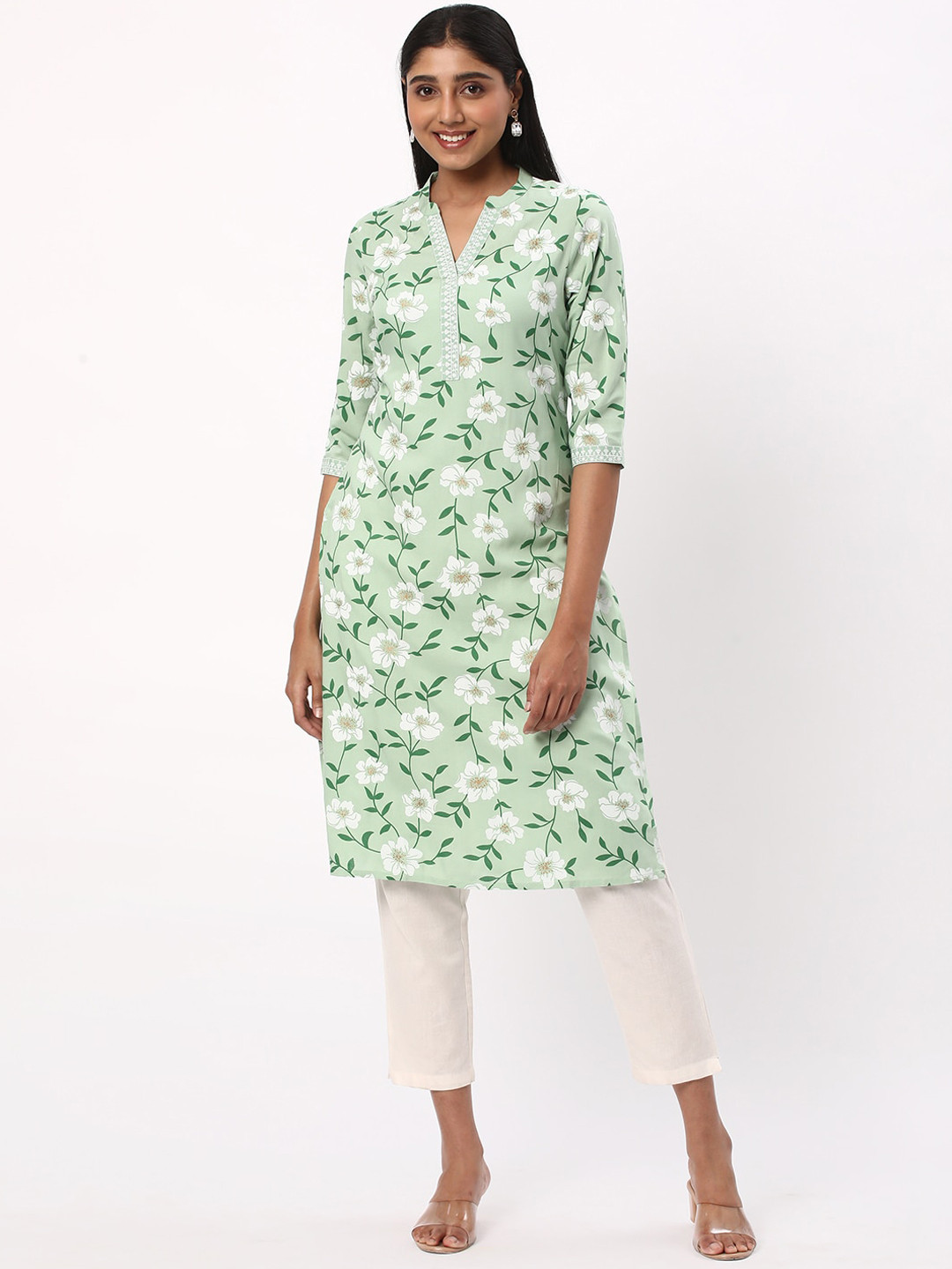 

R&B Floral Printed Mandarin Collar Straight Kurta, Green