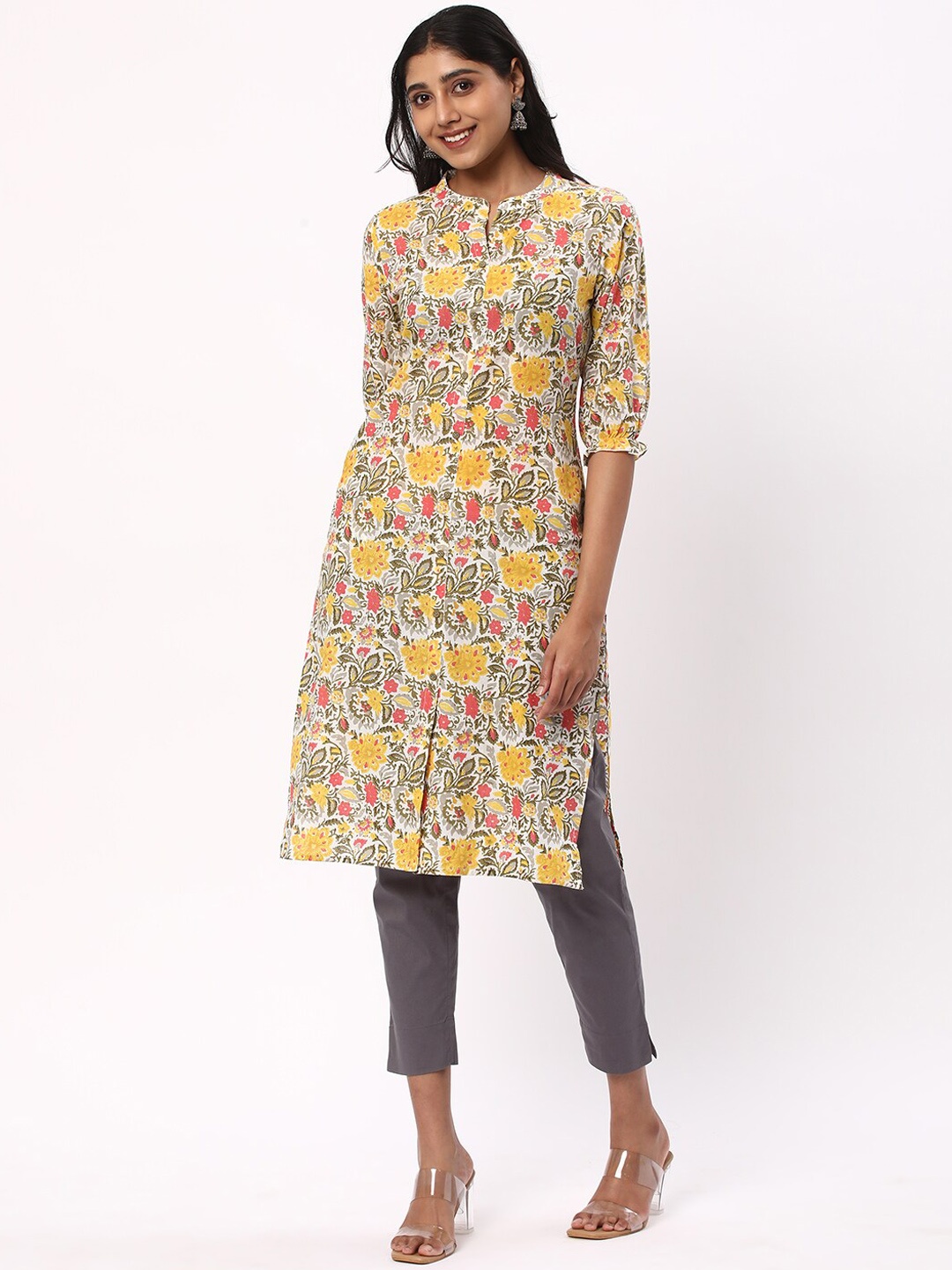 

R&B Floral Printed Mandarin Collar Pure Cotton Straight Kurta, Yellow